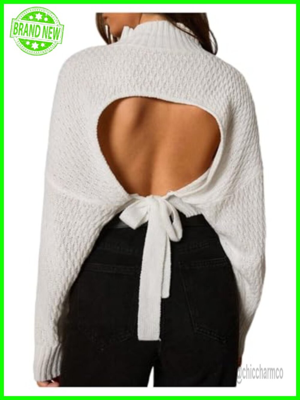 Mock Neck Tie Backless Dolman Sleeve Crop Sweater Pullover